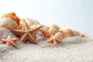 Coastal Treasures on Sandy Beach with Seashells and Starfish