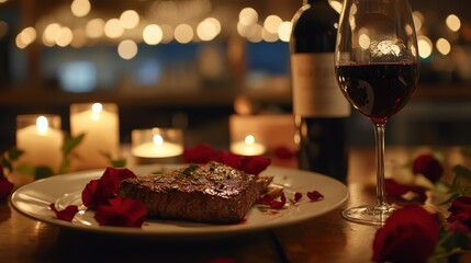 Romantic Steak Dinner for Valentine's Day Intimate Setting Food Photography Candlelit Atmosphere Close-up View of Love and Flavor