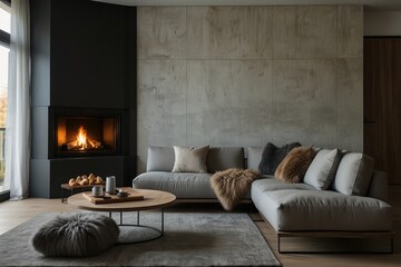 Minimalist, rustic interior design of modern living room. Corner sofa with grey and fur pillows near fireplace, nd abstract art in a warm, welcoming space