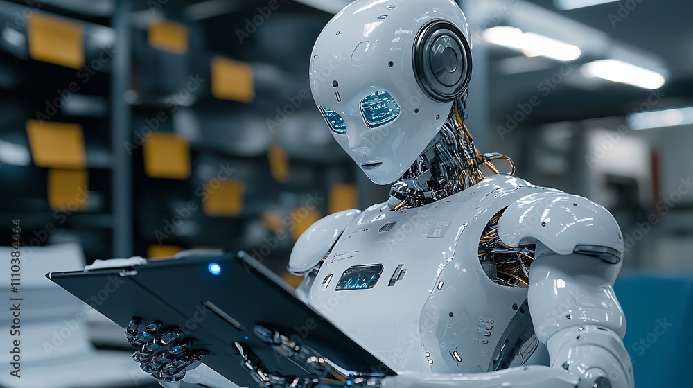 Poster A robot conducting comprehensive market simulations to refine trading strategies Stock Photo with side copy space