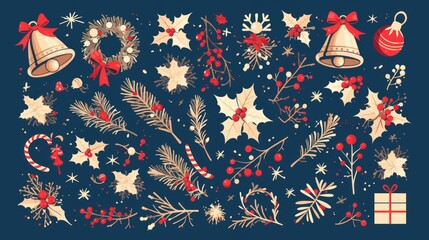 Fototapeta premium A festive collection of Christmas-themed illustrations featuring holly, bells, and ornaments.