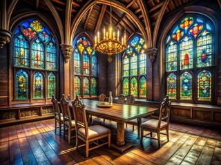Fototapeta premium Serene Gothic Interior with Illuminated Wooden Table and Stained Glass Windows in Minimalist Photography Style