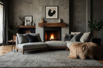Minimalist, rustic interior design of modern living room. Corner sofa with grey and fur pillows near fireplace, nd abstract art in a warm, welcoming space