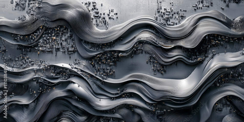 Poster abstract metallic waves: a mesmerizing abstract artwork featuring a series of flowing, metallic wave