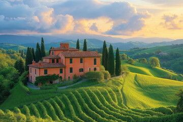 Naklejka premium village in the mountains, landscape in the mountains, house or palace in landscape 