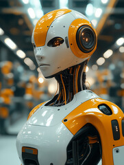 Futuristic Robot with Orange Accents in Modern Setting