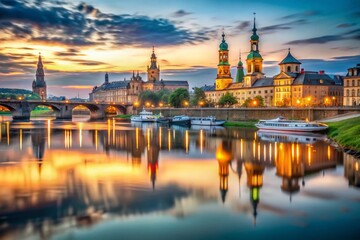 Obraz premium Serene Long Exposure at Elbe River in Dresden, Germany Capturing Early Morning Light and Mist Over Water with Historic Architecture Reflections and Calm Waters