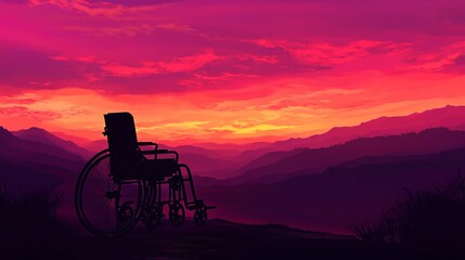 Obraz premium Crimson Sunset A wheelchair silhouette against a vivid crimson and magenta sunset