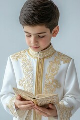 Fototapeta premium Boy in ornate white robe reads book.