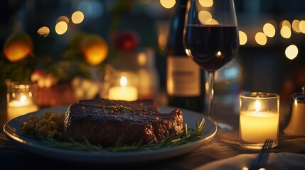 Obraz premium Romantic Steak Dinner for Two Cozy Home Culinary Experience Intimate Setting Elevated Ambiance Valentine's Special