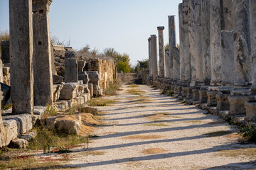 Rows of columns in Perge, Antalya, Turkey. Remains of colonnaded street in Pamphylian ancient...