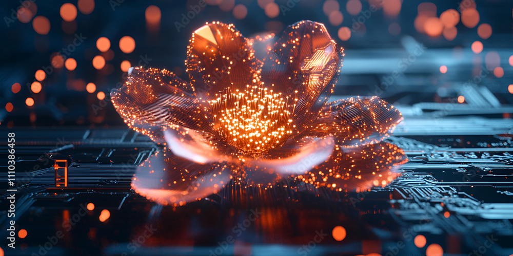 Poster cybernetic bloom: a mesmerizing digital rendering of a luminous flower blossoming from a circuit boa