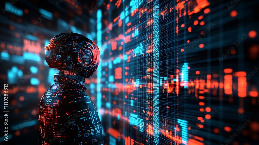 Poster A robotic assistant analyzing live market trends for actionable trading strategies Stock Photo with side copy space