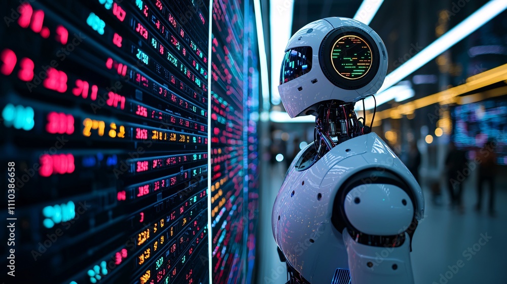 Poster A robotic assistant analyzing live market trends for actionable trading strategies Stock Photo with side copy space