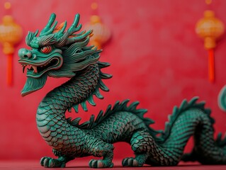 Celebration of chinese new year featuring a green dragon cultural event indoor setting festive atmosphere artistic perspective