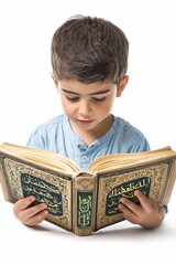 Young boy intently reads ornate book.