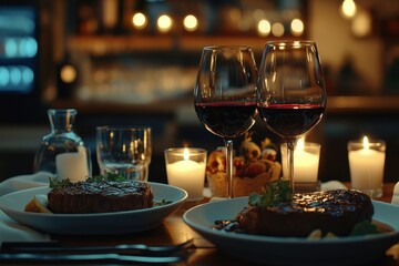 Fototapeta premium Romantic Dinner for Two Cozy Restaurant Food Photography Intimate Setting Candlelit Atmosphere Valentine's Night Delight