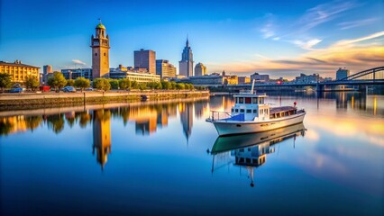 Naklejka premium Serene Minimalist Scene of the Old Port in Montreal Featuring a Tower and a Boat Under Clear Skies with Reflections on Calm Waters
