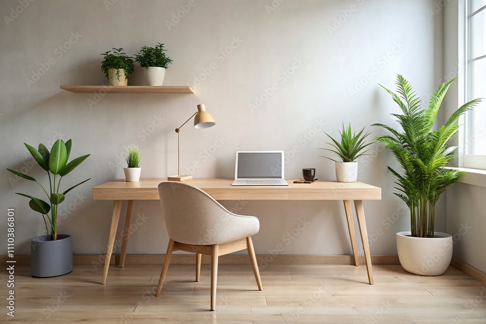 Poster serene minimalist workspace with soft natural light and copious copy space for creative and professi