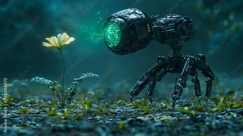 Poster A trading robot evaluating complex scenarios for improved financial backtesting results Stock Photo with side copy space