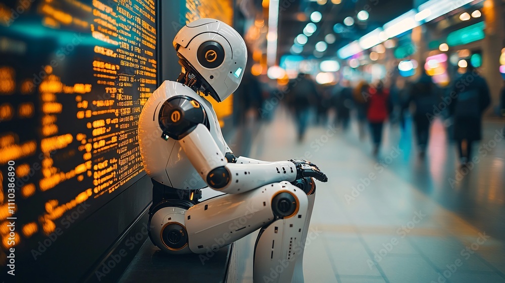 Poster A trading robot evaluating complex scenarios for improved financial backtesting results Stock Photo with side copy space