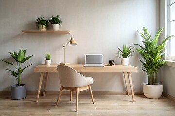 Fototapeta premium Serene Minimalist Workspace with Soft Natural Light and Copious Copy Space for Creative and Professional Use, Featuring Neutral Tones and Simple Design Elements