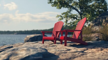 Fototapeta premium Two red Muskoka chairs sitting on a rock