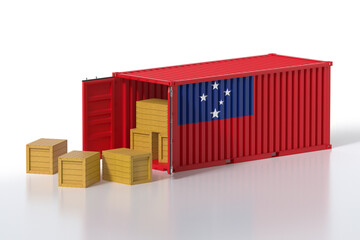 Cargo Container with Samoa Flag Being Unloaded with Wooden Crates on White Background