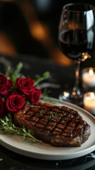 Romantic Steak Dinner Dining Table Photography Candlelit Ambiance Topdown View Valentine's Day Delight