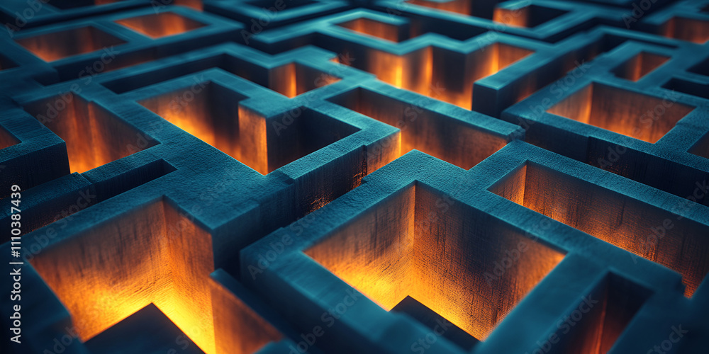 Poster burning maze: abstract 3d rendering of a dark blue maze with glowing orange inner walls, creating a 