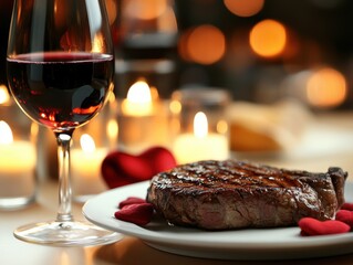 Romantic Dinner Experience Medium Rare Steak Candlelit Table Dining Room Cozy Atmosphere Valentine's Day Delight