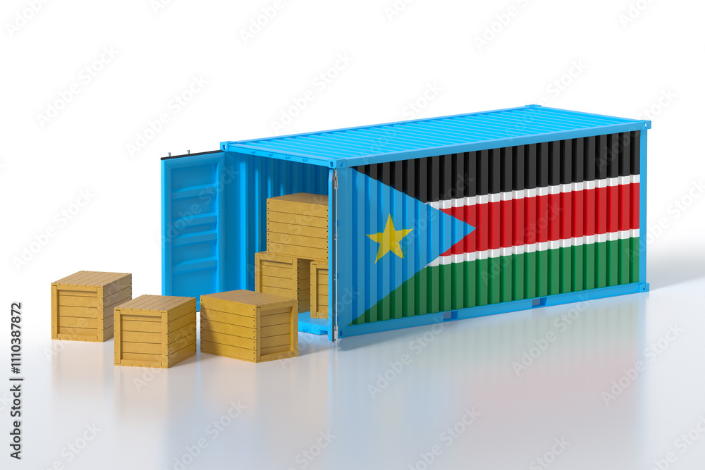 Poster cargo container with south sudan flag being unloaded with wooden crates on white background