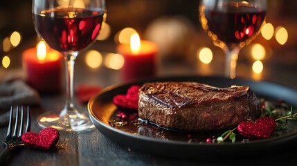 Romantic Dinner Setting Medium Rare Steak Wine Glasses and Glowing Candles for Valentine's Day Intimate Indoor Atmosphere