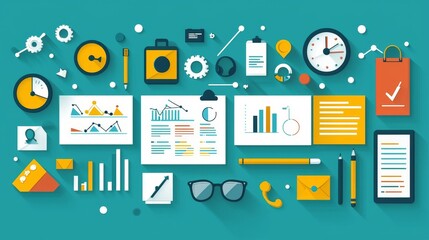 Colorful Flat Design Office Workspace with Charts, Documents, and Office Supplies on Teal Background