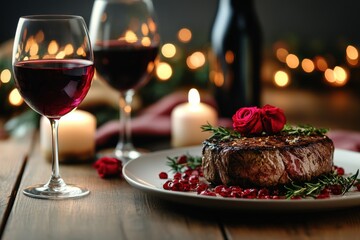 Indulge in an Elegant Valentine's Dinner Featuring Steak Wine and Candlelight Ambiance