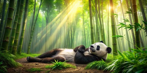 Obraz premium Serene Panda Relaxing in a Lush Bamboo Forest with Soft Sunlight Filtering Through Trees - A Tranquil Nature Scene Capturing the Beauty of Wildlife and Environment