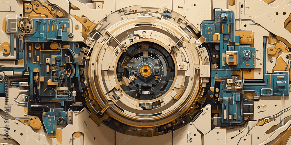 Poster futuristic machine core: abstract digital art depicting a complex, circular mechanism with intricate