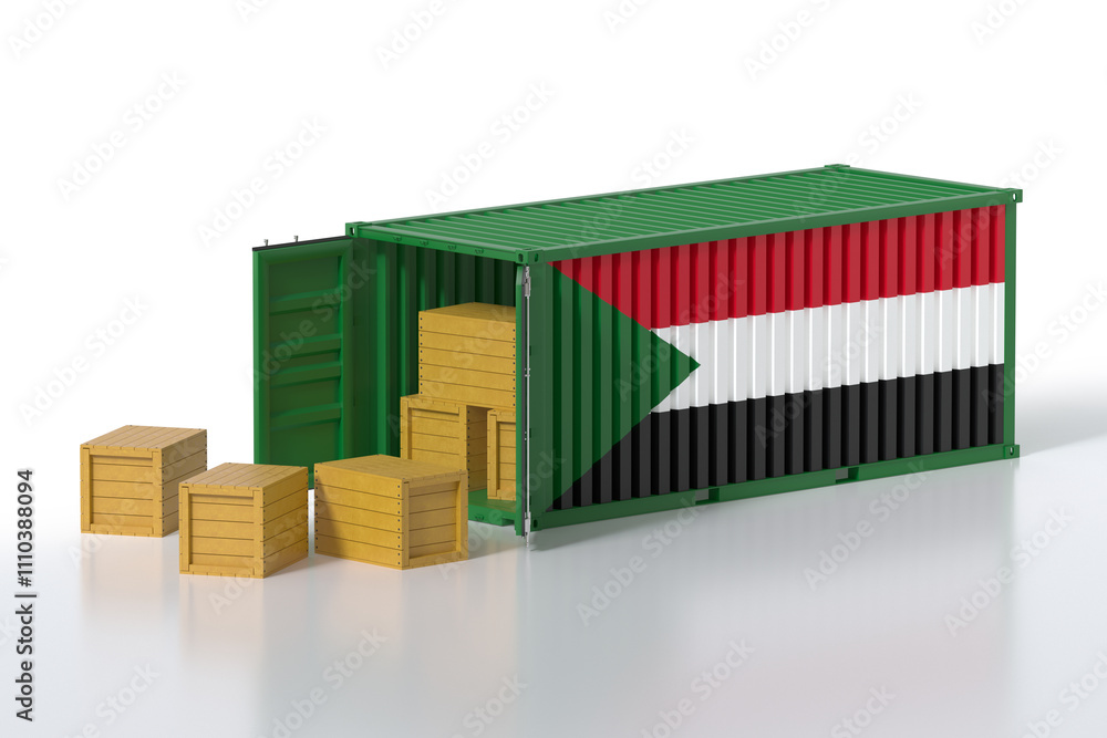 Poster cargo container with sudan flag being unloaded with wooden crates on white background