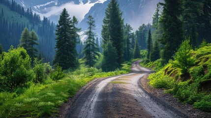 Fototapeta premium A picturesque unpaved road winding through dense green foliage and grassy meadows in Fairy Meadows