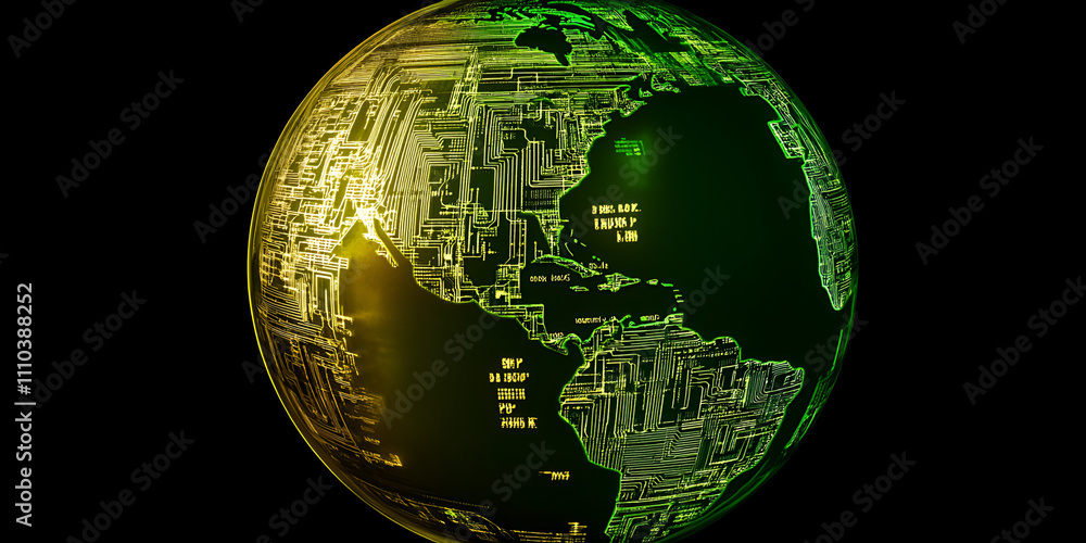 Poster global network: a glowing green and yellow earth globe with a digital circuit board pattern overlaye