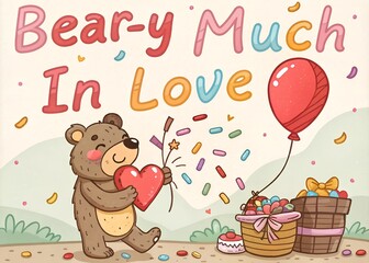 Obraz premium Illustration of a cute little bear holding a red heart, standing on a meadow with colorful confetti falling around, a red balloon tied to a basket full of wrapped presents and chocolates, with the tex