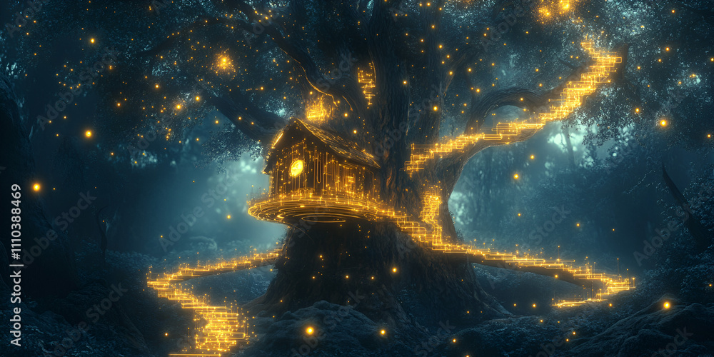 Poster enchanted treehouse: a whimsical and enchanting scene of a treehouse nestled within a glowing forest