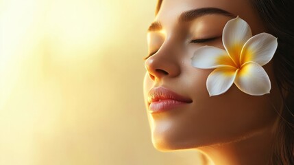 Woman with a frangipani flower in hair relaxing at spa. Wellness and self-care concept. Design for spa services brochure, beauty retreat promotion, or relaxation themed poster