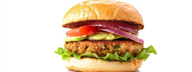 A gourmet veggie burger with roasted red pepper aioli and avocado slices, isolated white background, impressionism art style