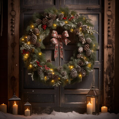 Image of a beautifully crafted Christmas wreath hanging on a rustic wooden door. Cozy, seasonal atmosphere. Warm holidays. 