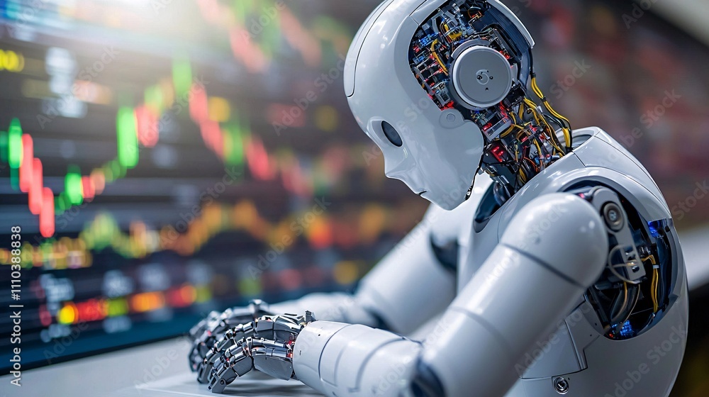 Poster A trading system where robots employ predictive backtesting for future market success Stock Photo with side copy space