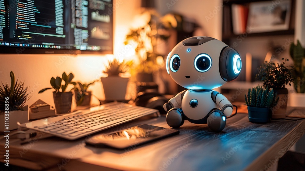 Poster A robotic trading assistant testing financial models against historical data for optimization Stock Photo with side copy space