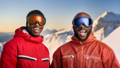 Surprised Black men wear bright red winter jackets and reflective ski goggles on a snowy mountain landscape during winter
