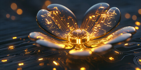 Obraz premium Golden Bloom: A shimmering, metallic flower blooms with intricate circuitry, radiating a warm glow against a dark, tech-inspired backdrop. This abstract 3D render evokes themes of innovation, growth.