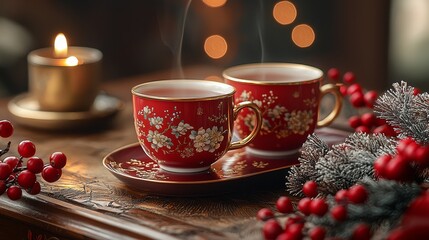 Warm tea cups on a cozy table with festive decorations